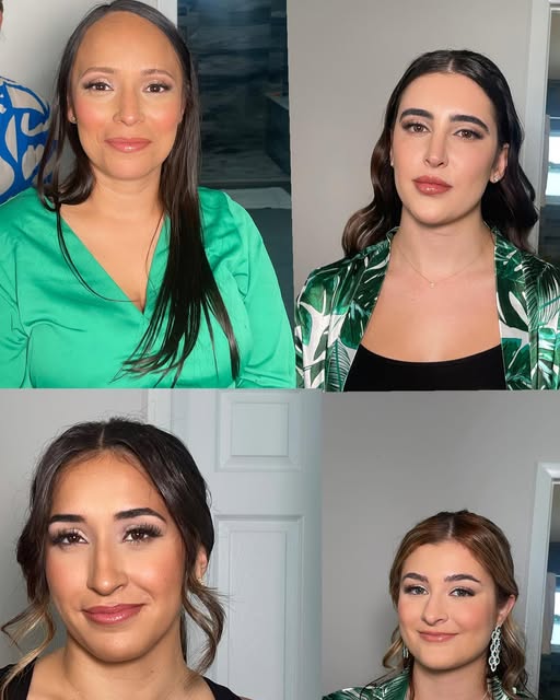 Four makeup looks showing different eye and lip finishes